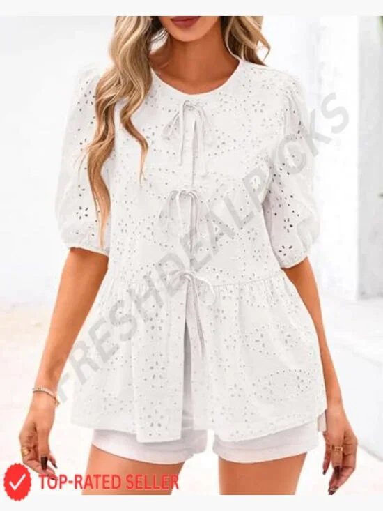 Peplum Eyelet Tie Front Blouse Lantern Sleeve Y2K Lace Babydoll Top - Picture 3 of 7
